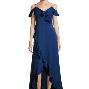 Cold-Shoulder Satin High-Low Ruffle Gown, Navy